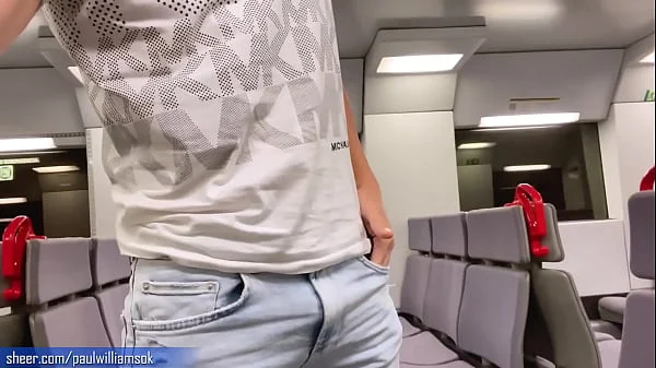 Sexy tanned man travelling naked by train. Very risky public nudity