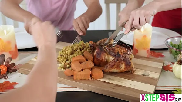 Stepsisters Katie Kush and her BFF thanksgiving pie fucked by her stepbro