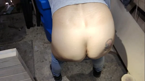 Cute girl in jeans stuck in the barrel while cleaning inside. And best husbands friend come to help and fucked her. 4K. Made by Sasha Grein