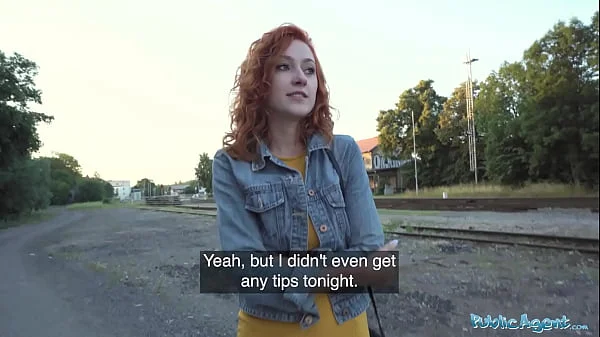 Public Agent Sexy redhead waitress sucks cock and gets fucked doggystyle outside in public