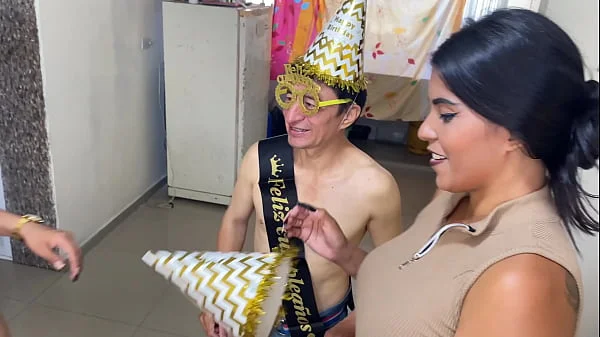 FFM THREESOME - Two busty and big-assed stepdaughters celebrate their stepdad's birthday with delicious sex