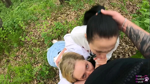 Amateur threesome blowjob outdoors