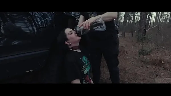 Submissive cutie eats ass and piss at roadside picnic, then gets rough face fucking