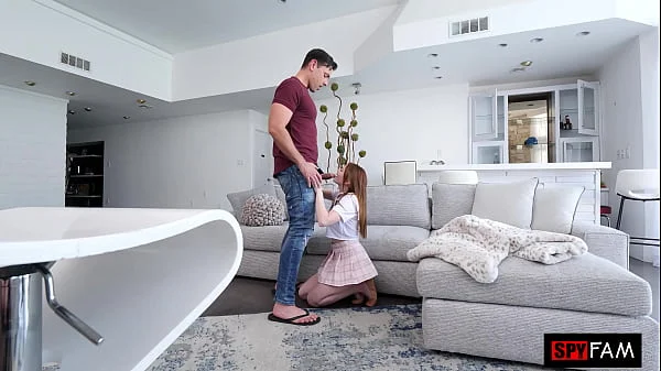 Stepdaughter Swallows Stepdad's Cock After He Scares Away Her Boyfriend