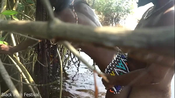 Hot skinny African village not even surprised to get fuck unexpectedly while she was bathing outdoor in the forrest