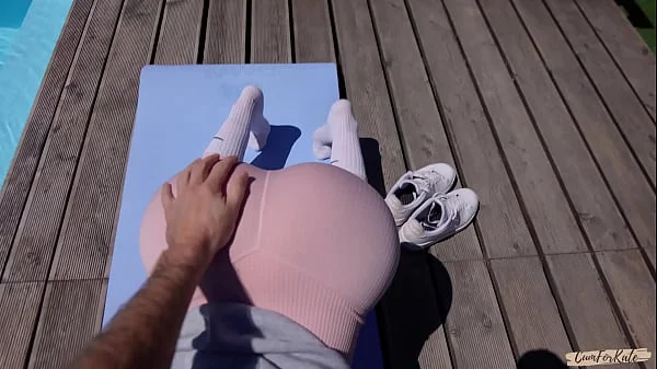 Neighbor spies on morning yoga by the pool and joins me