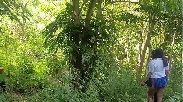 Two beautiful students in uniform get lost in the woods and meet a perverted old man and end up having an outdoor threesome