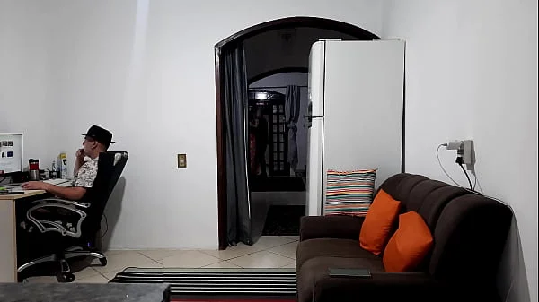 Mistress visits cheating wife while cuckold works from home.