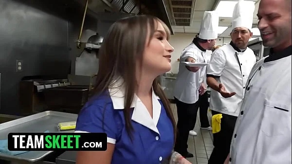 Waitress Services the Kitchen Crew with Her Tits, Pussy, and Ass