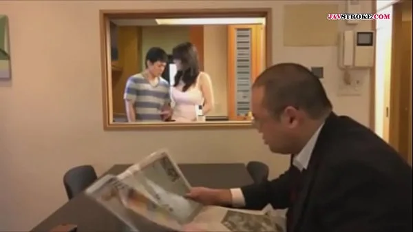 step son plays with step mom in the kitchen and step dad almost caught them