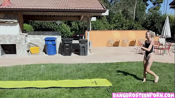 Teenie blonde Kate Bloom playing Slip and Slide and Suck!