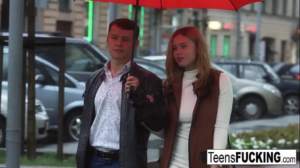 Busty blonde teen seduces him in a white dress