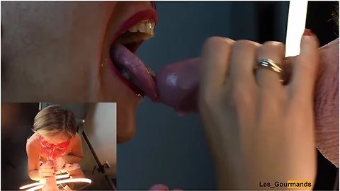 4k - Milf Slut Masked With Lipstick Gives Blowjob & Gets All The Cum On Her Tongue In Close Up
