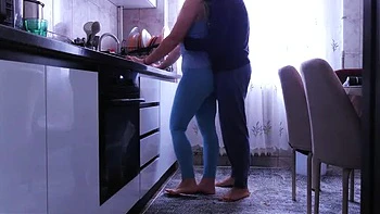 Stepbrother hard fucks teen stepsister in kitchen and creampies her tight pussy