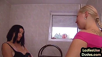 Bathroom Femdom Ladies Pegging In 3some With Vibrator