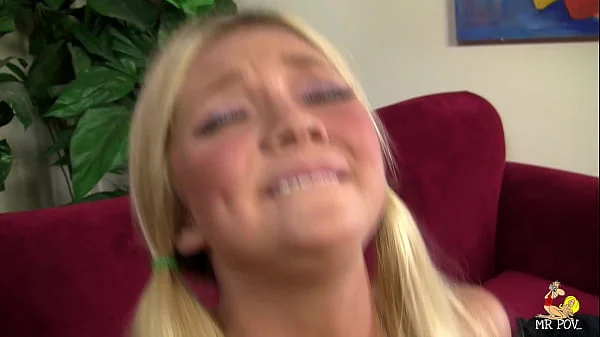 Jessie Andrews is blonde, 18 years old, in pigtails, and ready to get fucked then blasted by two guys with huge cum loads!