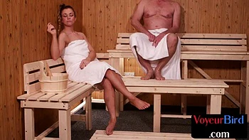 Naughty skinny blonde teasing old guy