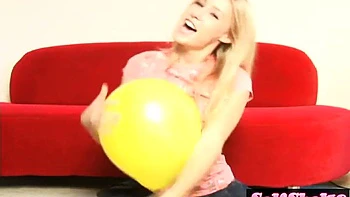 Sexy blonde teen Allie bounces topless on balloon in POV