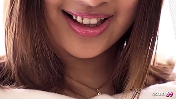 Small Japanese Girl with big natural Tits give First Blowjob to old Guy at Uncensored Full JAV Casting in Japan