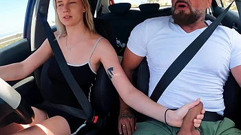 German blonde amateur teen fucks in the car and outdoors on vacation