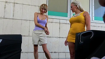 Two sexy blondes Katerina Berg and Mia Darklin in outdoor threesome action