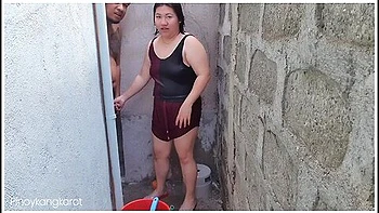 Filipina Taking A Bath Outside The House Got Fuck
