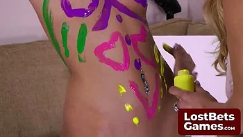 Skinny teen lesbians Aften Opal & Celestina Blooms play strip freeze game with paint, shivering nude