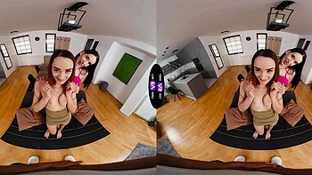 Two cute girls share a big cock in a thrilling vr threesome