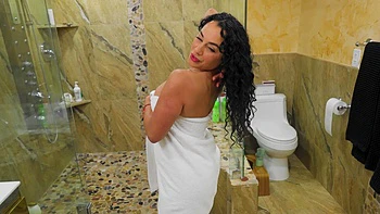 Gorgeous brunette with long hair takes shower and gets fucked by her boyfriend