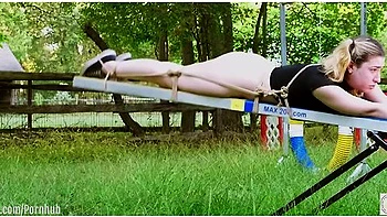 Cum-covered 19 Year-old Teen 18+ Bondage Slave Lexi Grey Crawls To The Seesaw For A Hard Caning