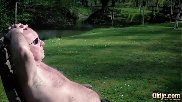 Fucking teen pussy and she licks the cum from old man dick