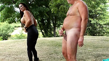 Hot bigtitted cougar teasing outdoor