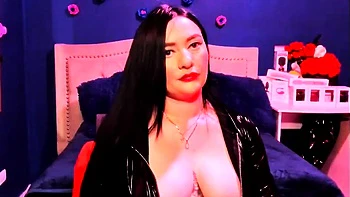 Busty curly brunette with big boobs fucks on couch