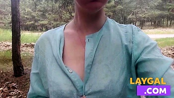 Exhibitionist teen undresses on webcam near the road