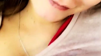 Busty curly brunette with big boobs fucks on couch