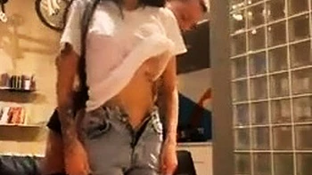 Small tit brunette amateur tugs on a big willie