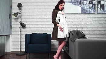 Redhead solo masturbation with Gwen, showcasing her natural tits and bald pussy