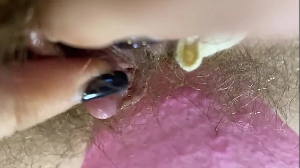 Extreme Closeup Big clit Rubbing orgasm wet hairy pussy