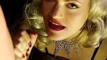 Angel with sexy red lips Kitty Sixx gets her face covered in cum