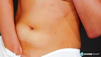 Slender brunette with natural tits Eveline stimulates her shaved pussy