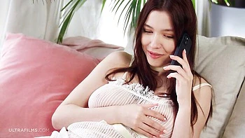 Bitchy soloing chick Mila Azul nicely plays with her shaved pussy