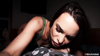 Ivy Ireland and Lucy Foxx are enjoying nighttime sex in the cowgirl pose