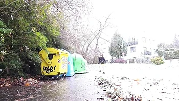 Gorgeous angel in a leather jacket Mini Mitzi X is pissing outdoors