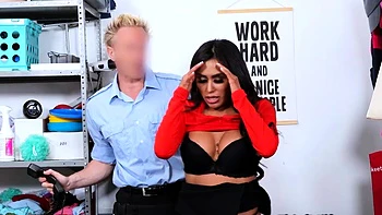 Latina milf suspect with butt plug gags on officers dick