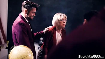 Four college boys team up against their busty milf teacher