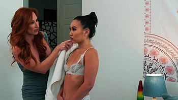 Asian beauties Sophia Locke and Kimmy Kimm in a steamy bra-less lesbian scene