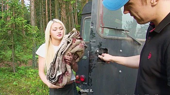 Blonde babe Olivia Devine gets fucked in the forest doggystyle