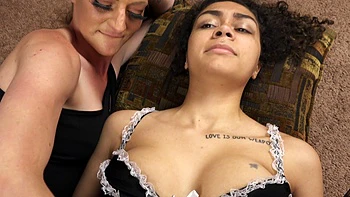 Two hot maids in fishnet lingerie seduce the lucky maid master.