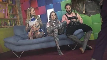 Behind The Scenes Blowjob Action: Amateur Lesbian Goth Teens with Tattoos & Piercings