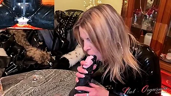 German Slut in Latex Catsuit Throats Huge Monster Dildo and Stallion Cock - Squirting Orgasm